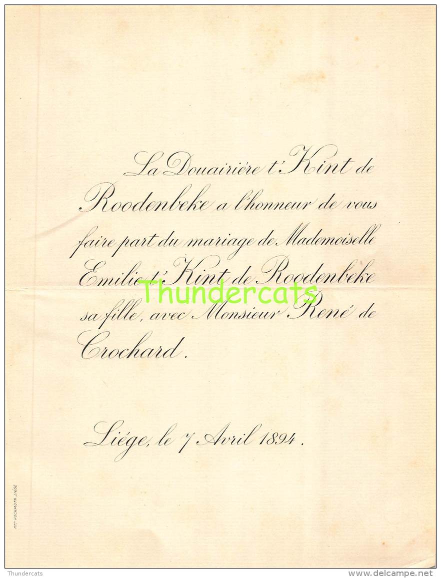 FAIRE PART MARIAGE  T KINT DE ROODENBEKE EMILIE RENE CROCHARD LIEGE 1894 - Mariage