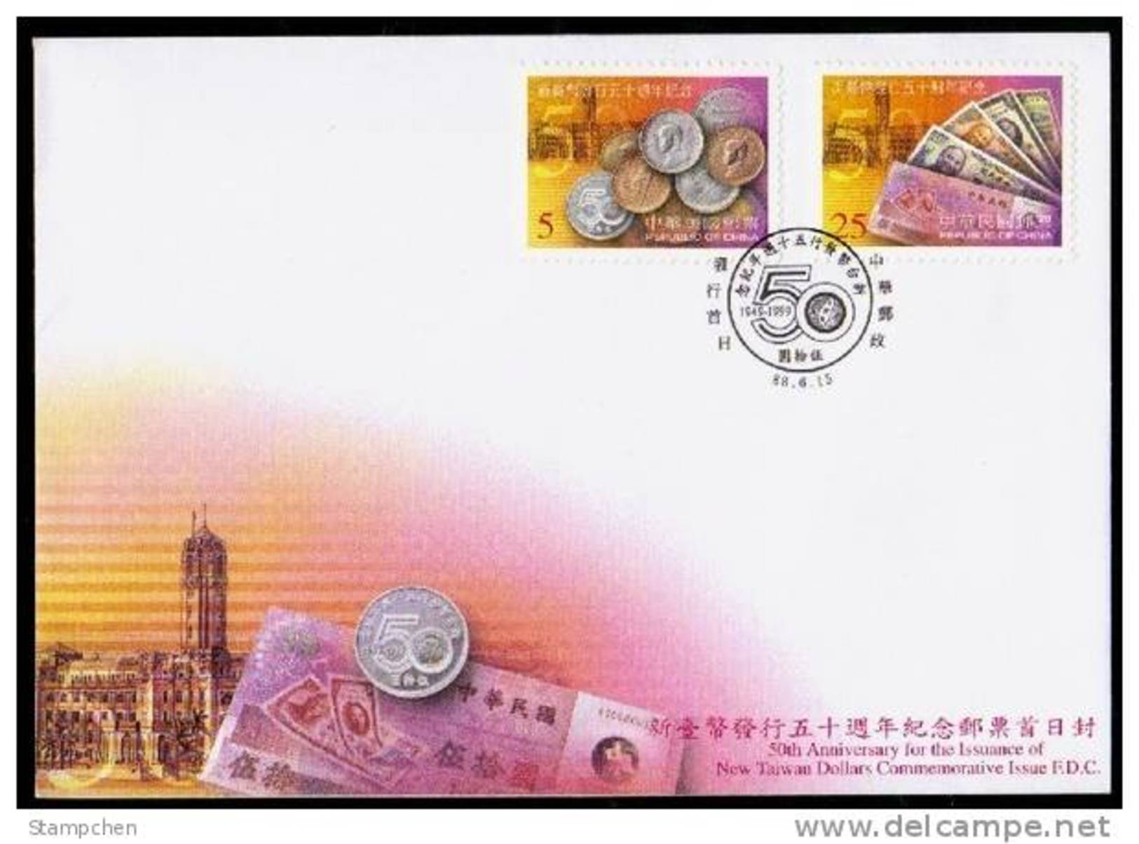 FDC 1999 50th Anni New Taiwan Dollars Stamps Coin Banknote Architecture - Other & Unclassified