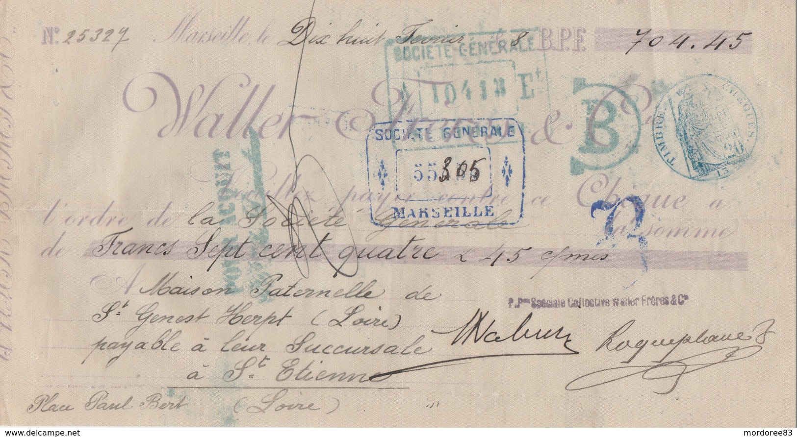 CHEQUE DE 704F45 WALLER FRERES MARSEILLE 18/2/1898 POUR ST ETIENNE - Chèques & Chèques De Voyage