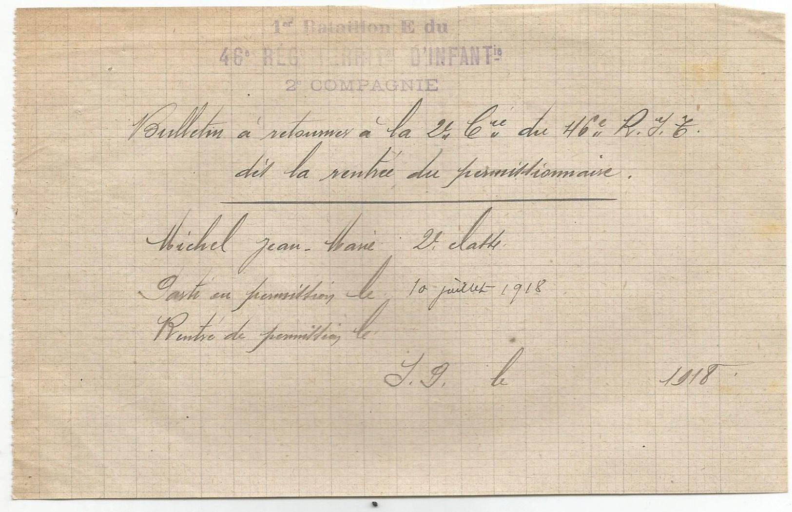 Retour De Permission  10.07.1918 Cachet Du 1er Bataillon E 46eme Regiment Terri D Infanterie 2 Eme Compagnie - 1914-18