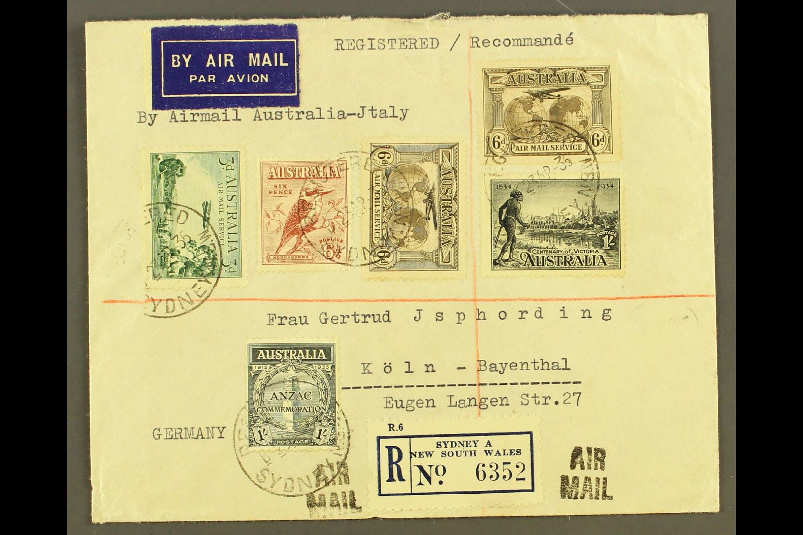 1935 AIRMAIL COVER Addressed To Germany, Sent Via Airmail Service To Italy, Franked 1929 3d & 2x 1931 6d Sepia Airmail S - Sonstige & Ohne Zuordnung