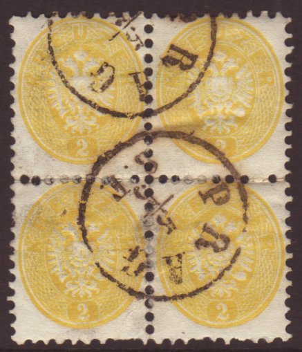 1863-64 2kr Yellow Perf 9½, Michel 30, SG 45, Finely Used BLOCK Of 4 Stamps With "Prag" Cds's, Minor Imperfections, Very - Other & Unclassified
