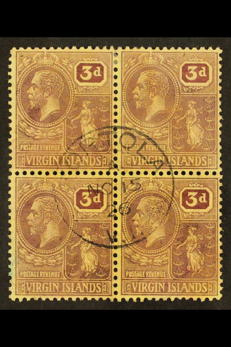 1922 3d Purple/pale Yellow, SG 82, Attractive Block Of 4 Bearing A Neat Central "Tortola" (Road Town Island) Cds. Lovely - British Virgin Islands
