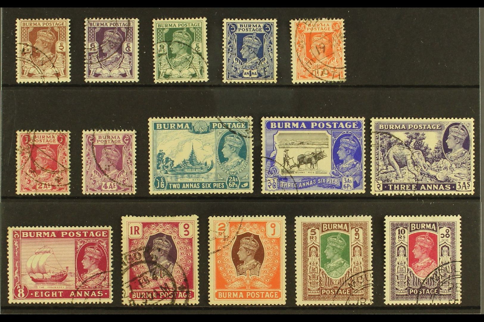 1946 New Colour KGVI Set, SG 51/63, Very Fine Used (15 Stamps) For More Images, Please Visit Http://www.sandafayre.com/i - Birmania (...-1947)