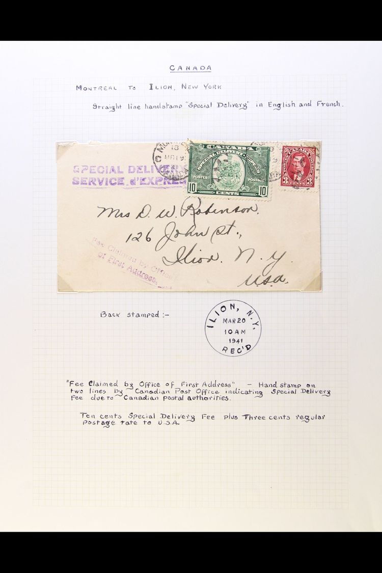 SPECIAL DELIVERY COVERS Includes 1941 Cover From Montreal To New York Bearing 1939 10c (SG S9) Plus KGVI 3c, With "SPECI - Sonstige & Ohne Zuordnung