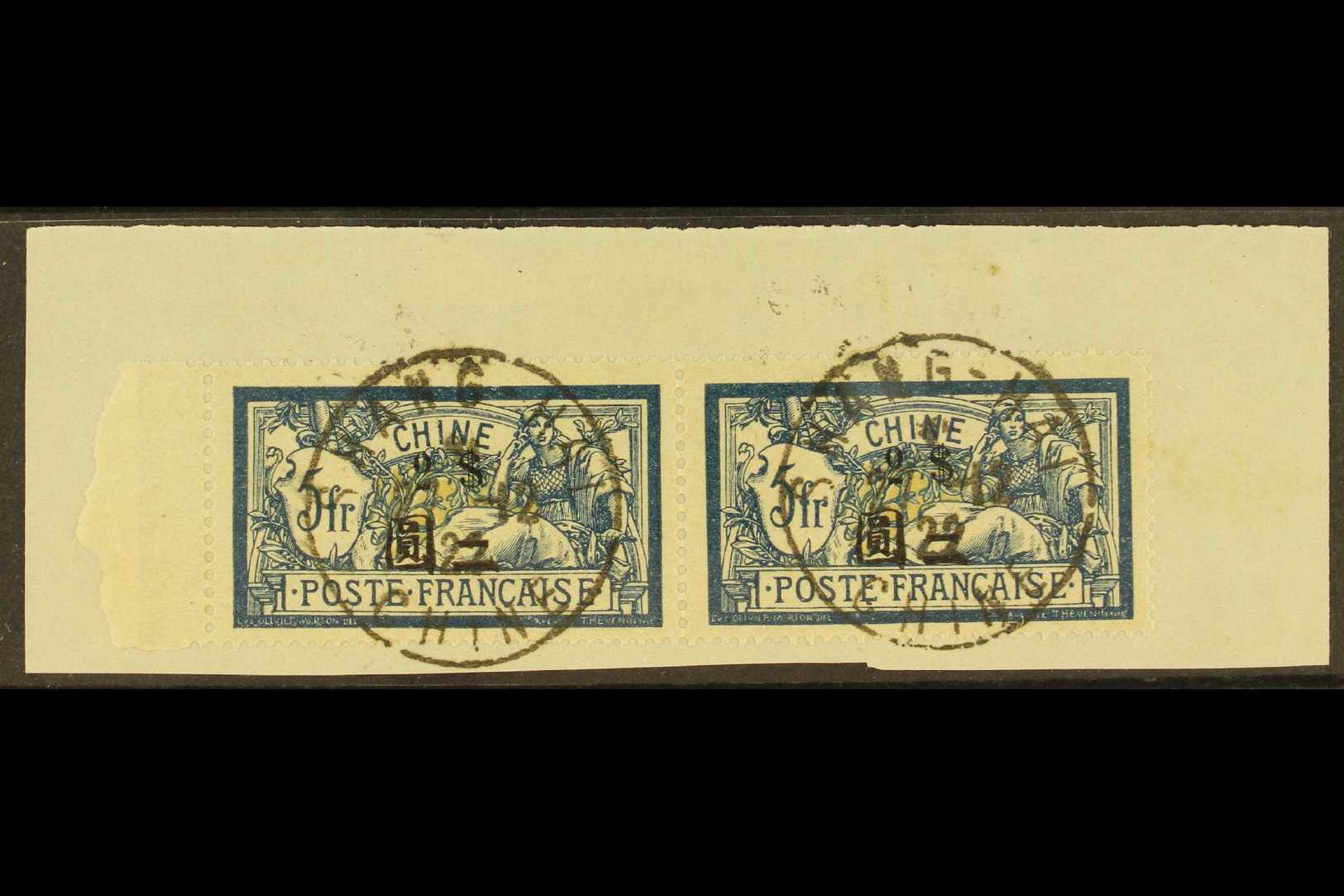 FRENCH OFFICES 1911 - 21 $2 On 5fr Deep Blue And Buff, SG 91, Horizontal Marginal Pair Tied On Piece By Shanghai Cds Can - Sonstige & Ohne Zuordnung