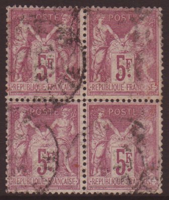1877-80 5fr Violet On Lilac, Yv 95, A Used BLOCK OF FOUR, Some Rubbing To Two Of The Stamps, But Otherwise Sound And Int - Other & Unclassified