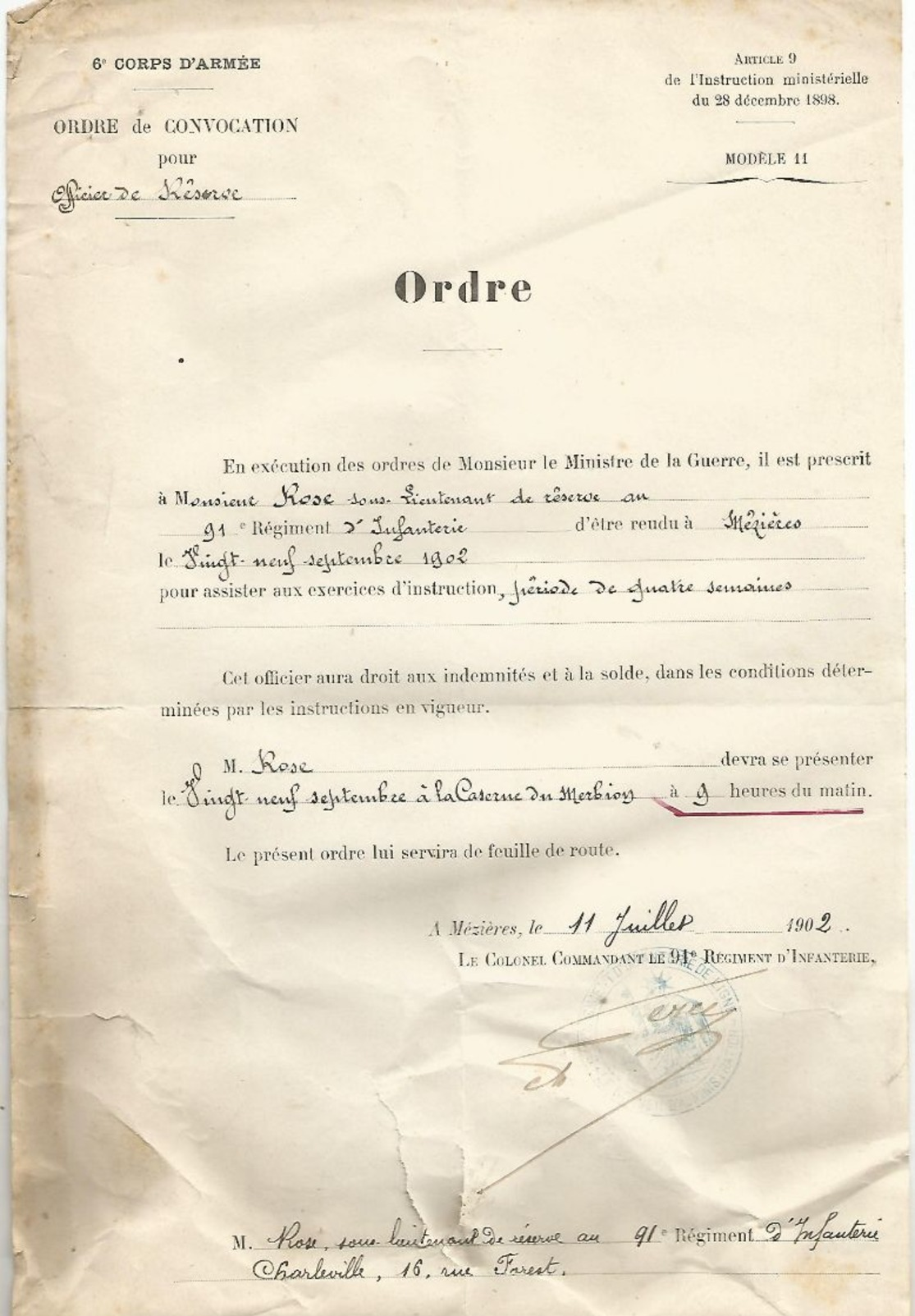 Ordre De Convocation   1902 Cachet Du 91 Reg D Infanterie De Ligne Caserne Merbion  Mezieres  Ardennes - 1914-18