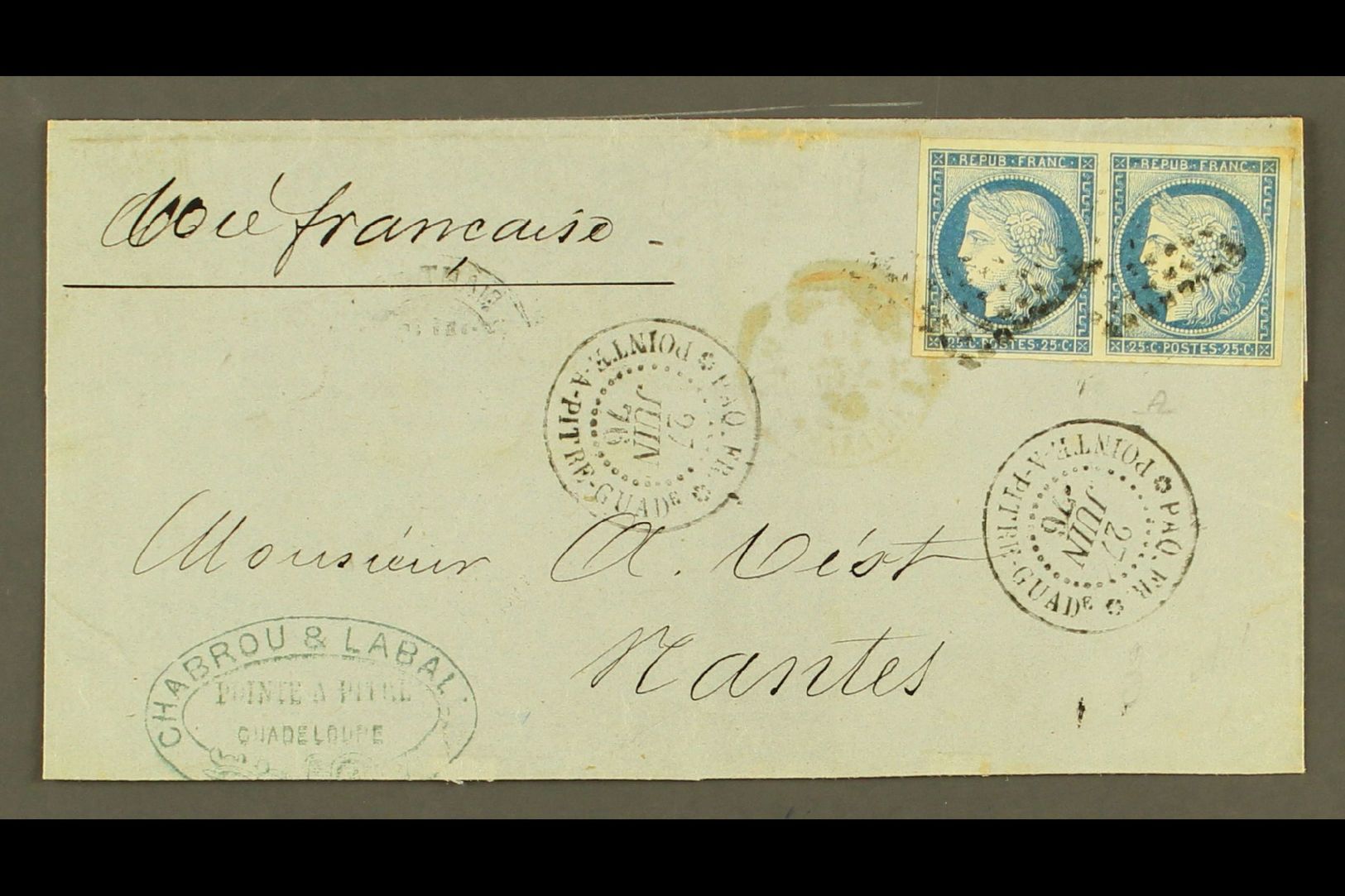 GUADELOUPE 1876 50c Double Rate Cover  (missing Flap) To France Franked 25c Ceres (2) Tied By Dumb Lozenge Cancel With 2 - Sonstige & Ohne Zuordnung