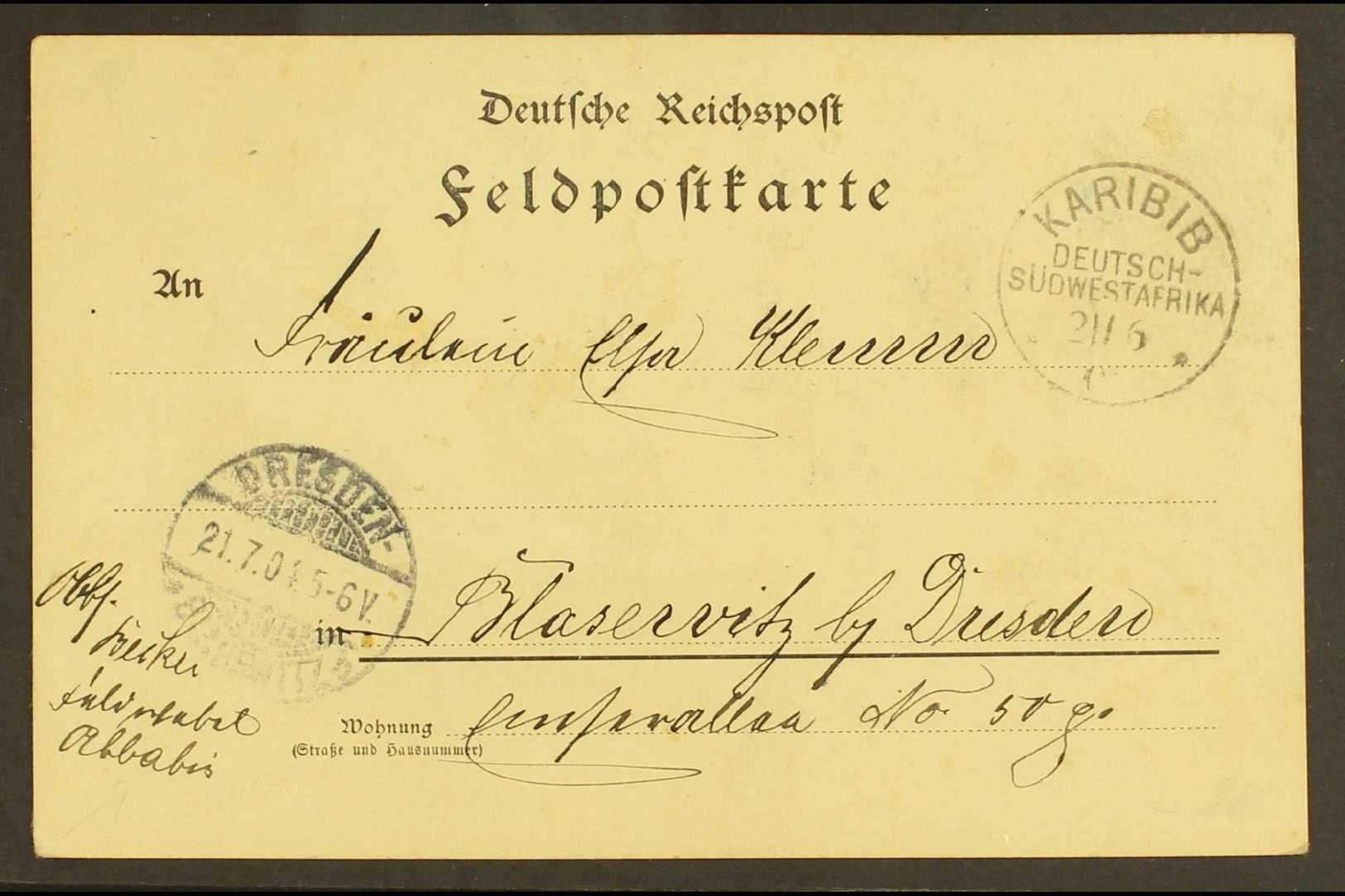 SOUTH WEST AFRICA 1904 (21 Jun) Stampless Feldpost Card (written At Abbabis) To Germany With Very Fine "KARIBIB" Cds, Al - Sonstige & Ohne Zuordnung