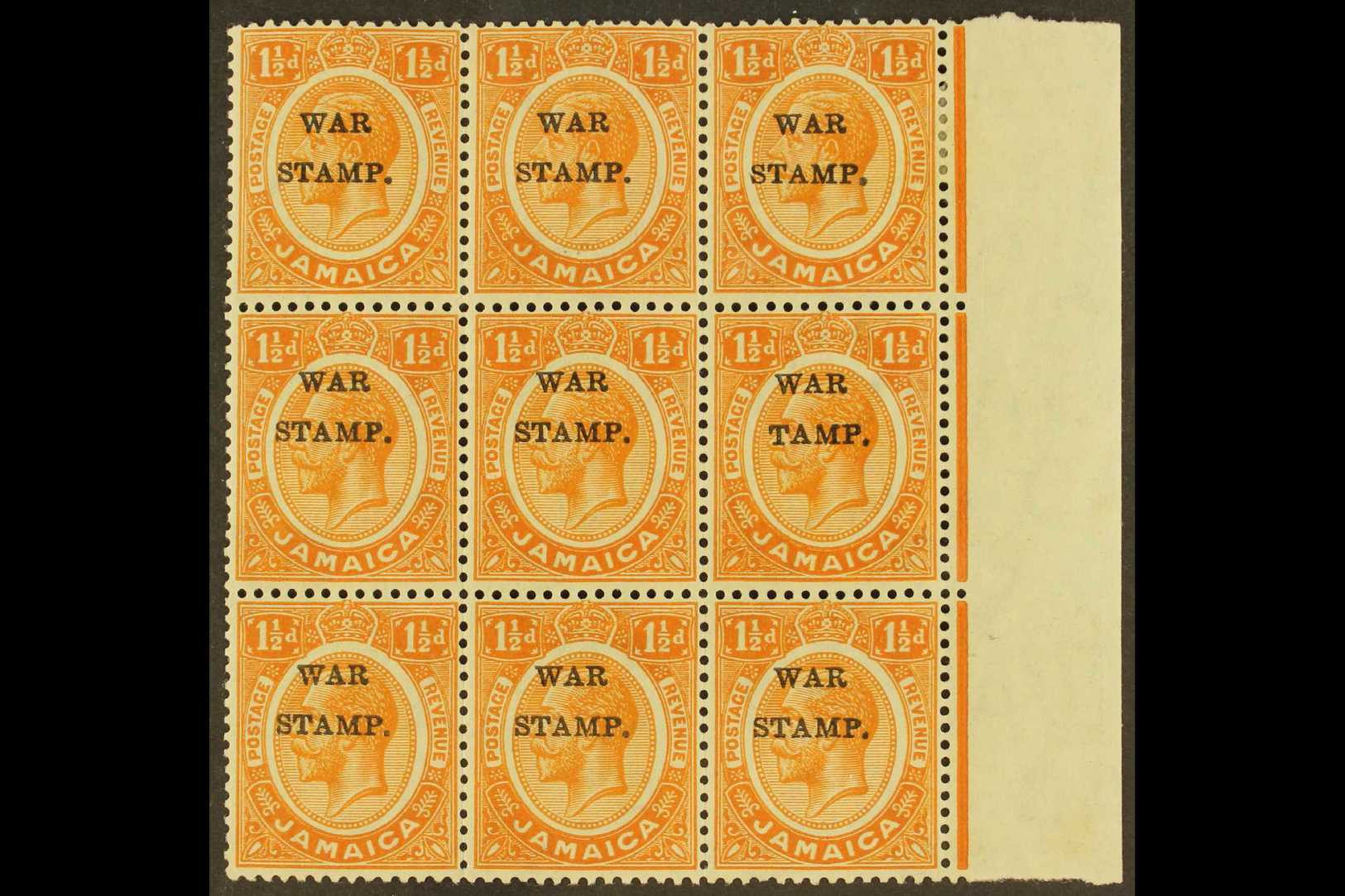 1916 1½d Orange Ovptd "War Stamp", Variety "S In Stamp Omitted", SG 71b, In Marginal Block Of 9 With Normals, Superb NHM - Giamaica (...-1961)
