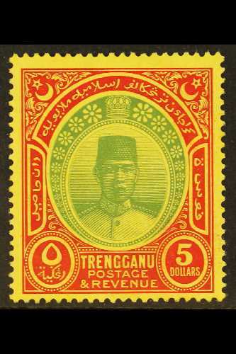 TRENGGANU 1921-41 $5 Green And Red/yellow, Wmk Mult Script CA, SG 44, Very Fine Mint. For More Images, Please Visit Http - Sonstige & Ohne Zuordnung
