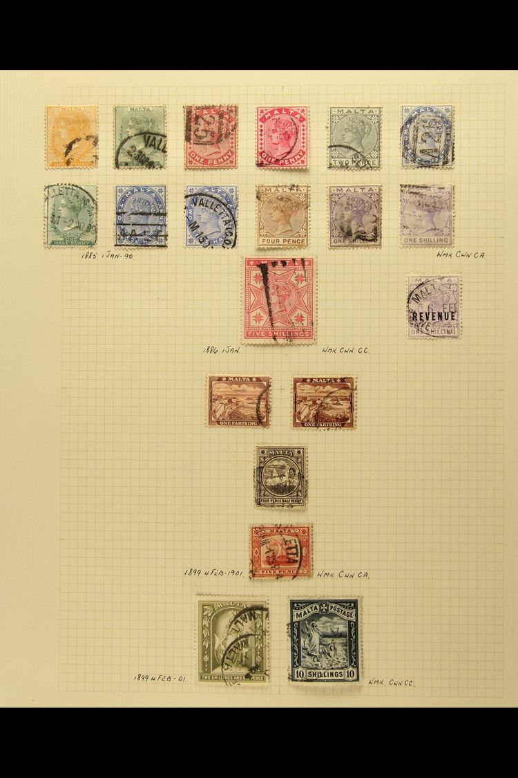 1882-1914 VICTORIA & EDWARD COLLECTION Presented On Old Album Pages. Includes 1882 ½d Orange Yellow, 1885 Set To 5s With - Malta (...-1964)
