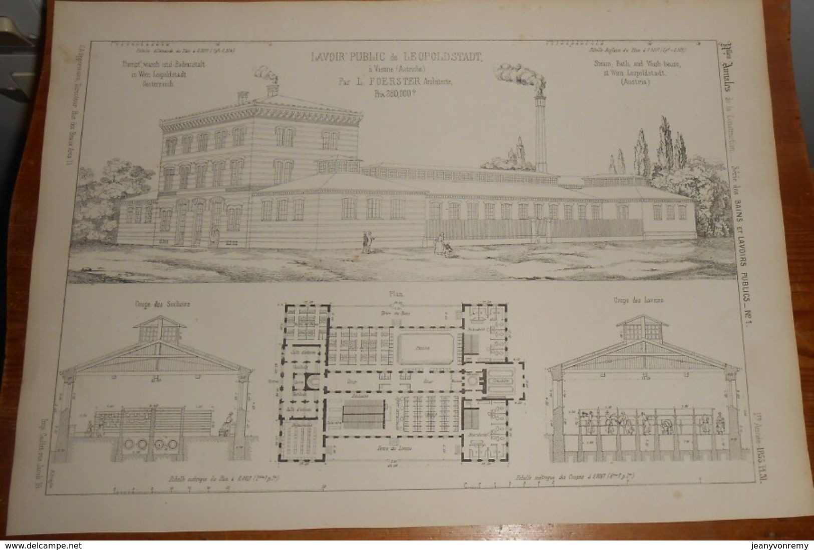 Plan D'un Lavoir Public De Leopoldstadt à Vienne. Autriche. . 1855. - Obras Públicas