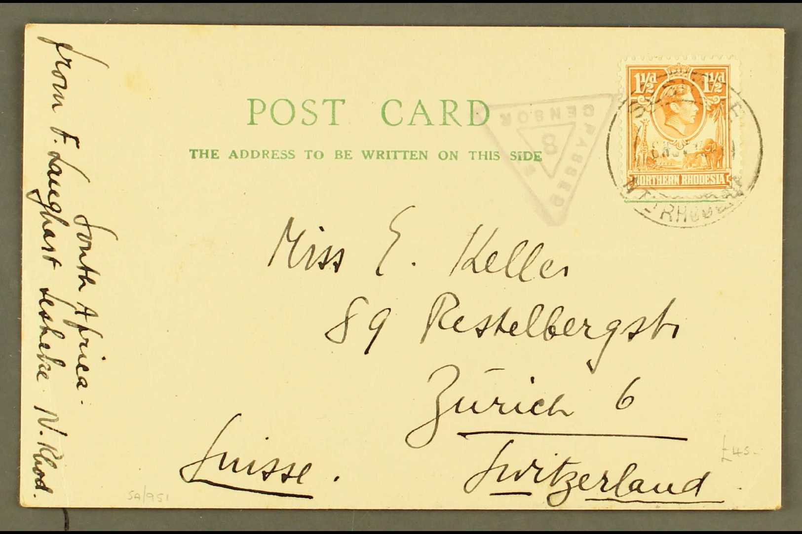 1941 (Sept) Postcard To Switzerland, Bearing 1½d Orange Tied Sesheke Cds, Triangular "PASSED BY CENSOR/8". For More Imag - Rhodesia Del Nord (...-1963)