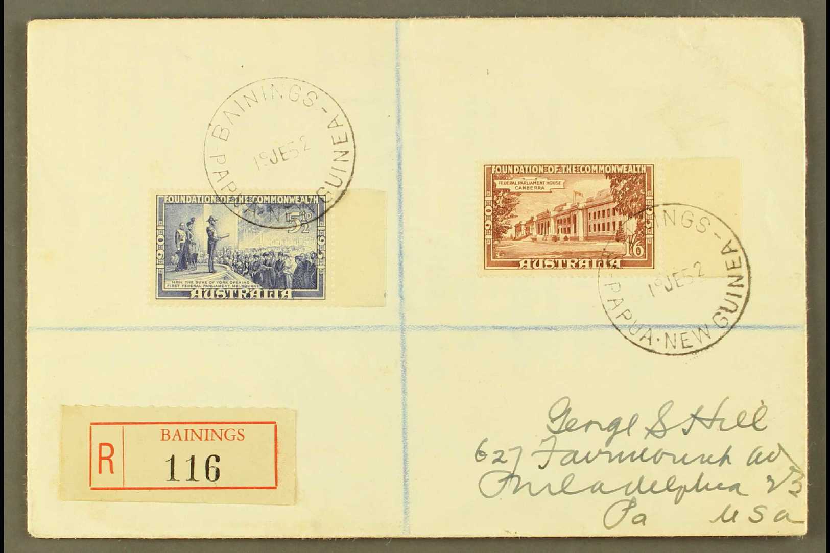 1952 (19th June) Neat Registered Cover To USA, Bearing Australia Foundation Of The Commonwealth 5½d And 1s6d Tied By Cri - Papua Nuova Guinea