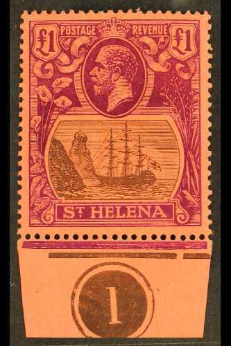 1922 £1 Grey And Purple, SG 96, Very Fine Lightly Hinged Mint With PLATE NUMBER In Lower Margin. A Beauty. For More Imag - St. Helena