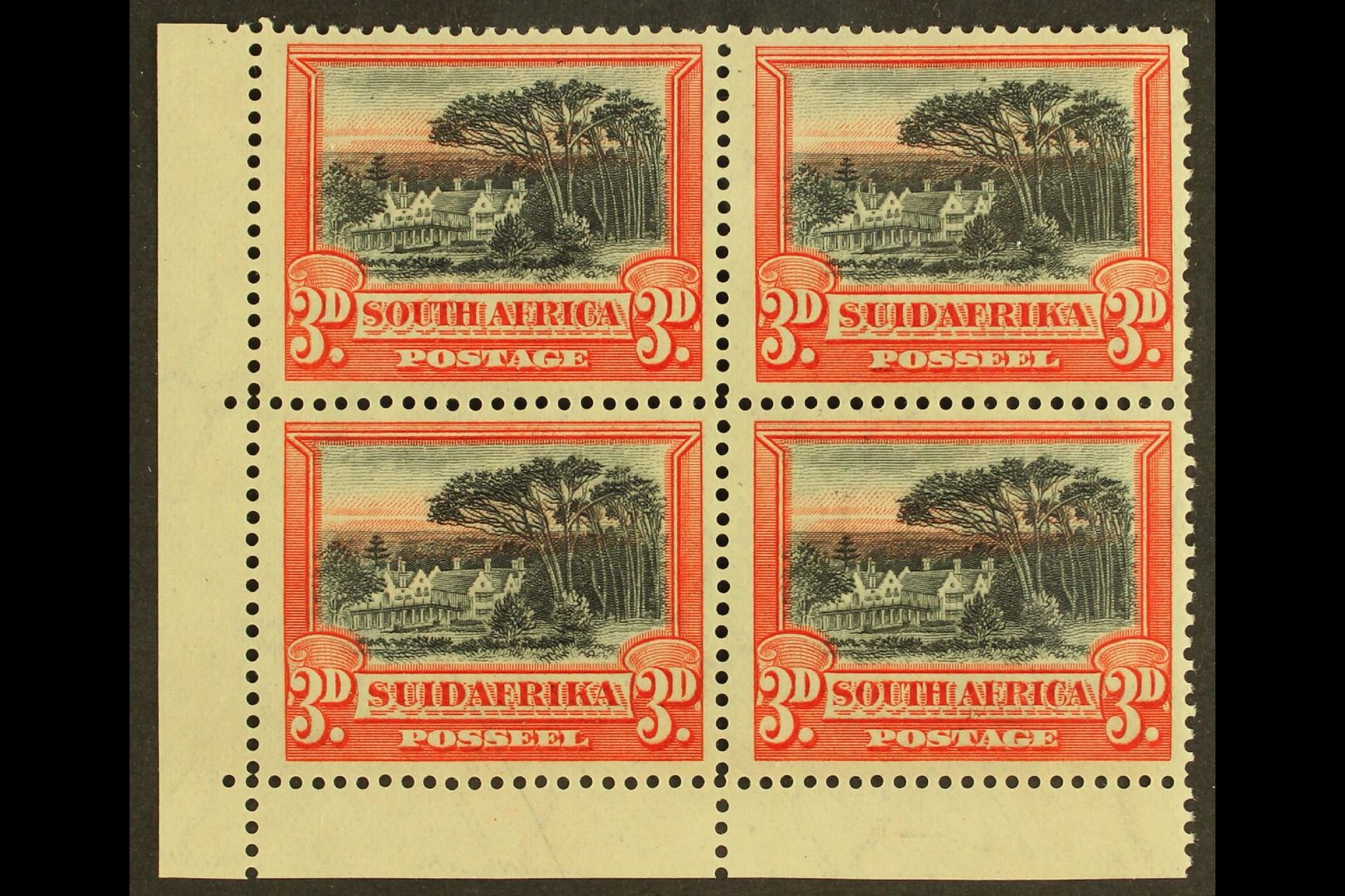 1927-30 3d Black & Red, Perf.14x13½ Down In Corner Marginal Block Of 4, SG 35a, Fine Mint, Hinged At Edges, One Blunt Pe - Non Classificati