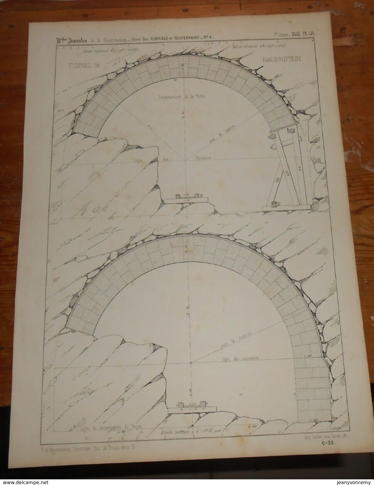 Plan Du Tunnel Et Souterrain De Hauenstein Sur Le Chemin De Fer Central Suisse. 1855. - Arbeitsbeschaffung