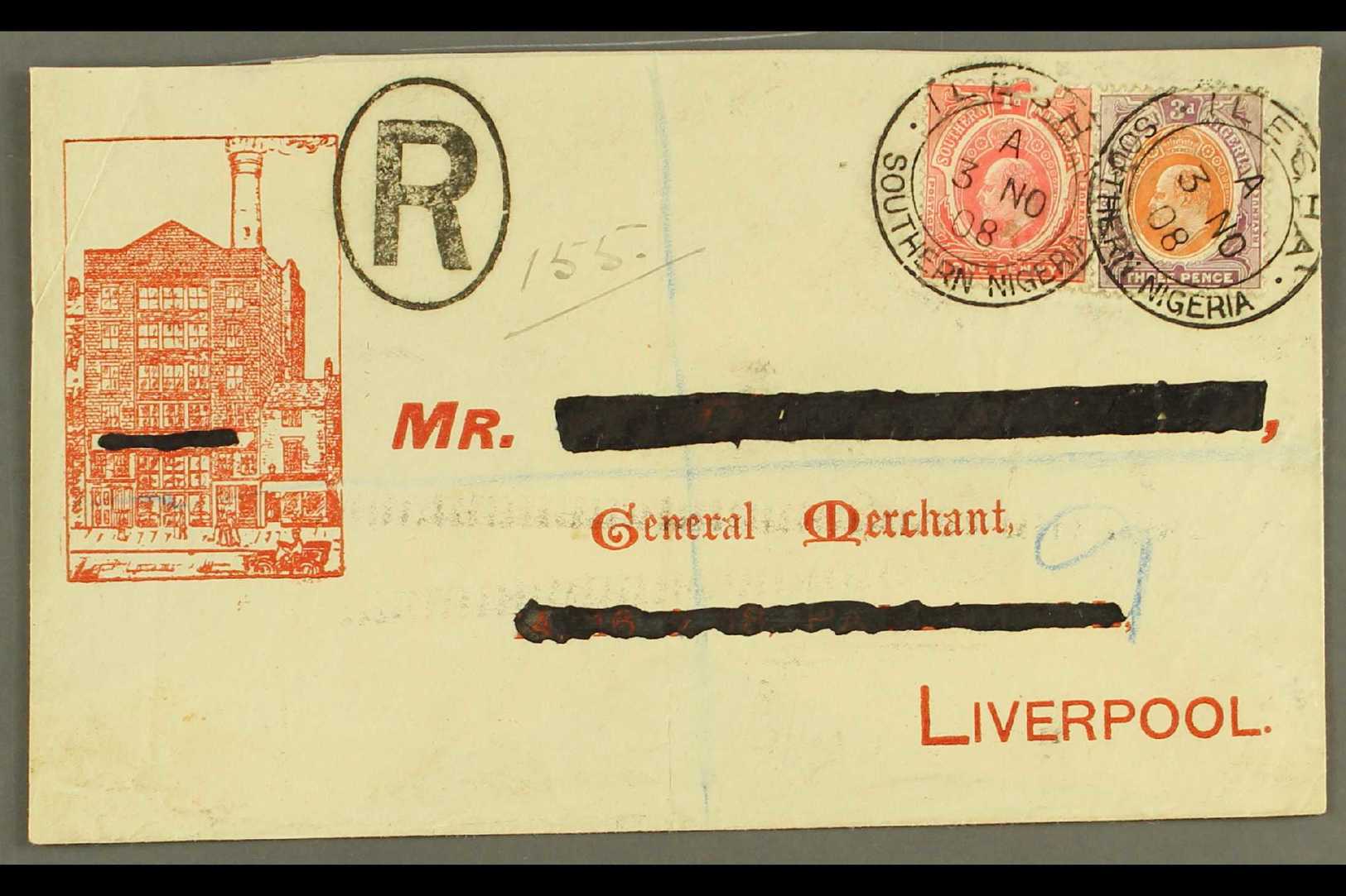 1908 Illustrated Registered Commercial Cover To Liverpool Franked Ed VII 1d And 3d Tied By Crisp Strikes Of ILESHA South - Nigeria (...-1960)