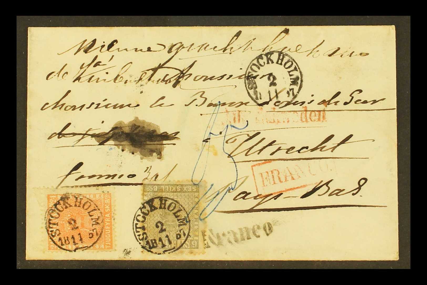 1857 30SK RATE COVER TO THE NETHERLANDS. 1857 (2 Nov) Envelope From Stockholm To Utrecht Bearing 6sk Light Grey And 24sk - Sonstige & Ohne Zuordnung