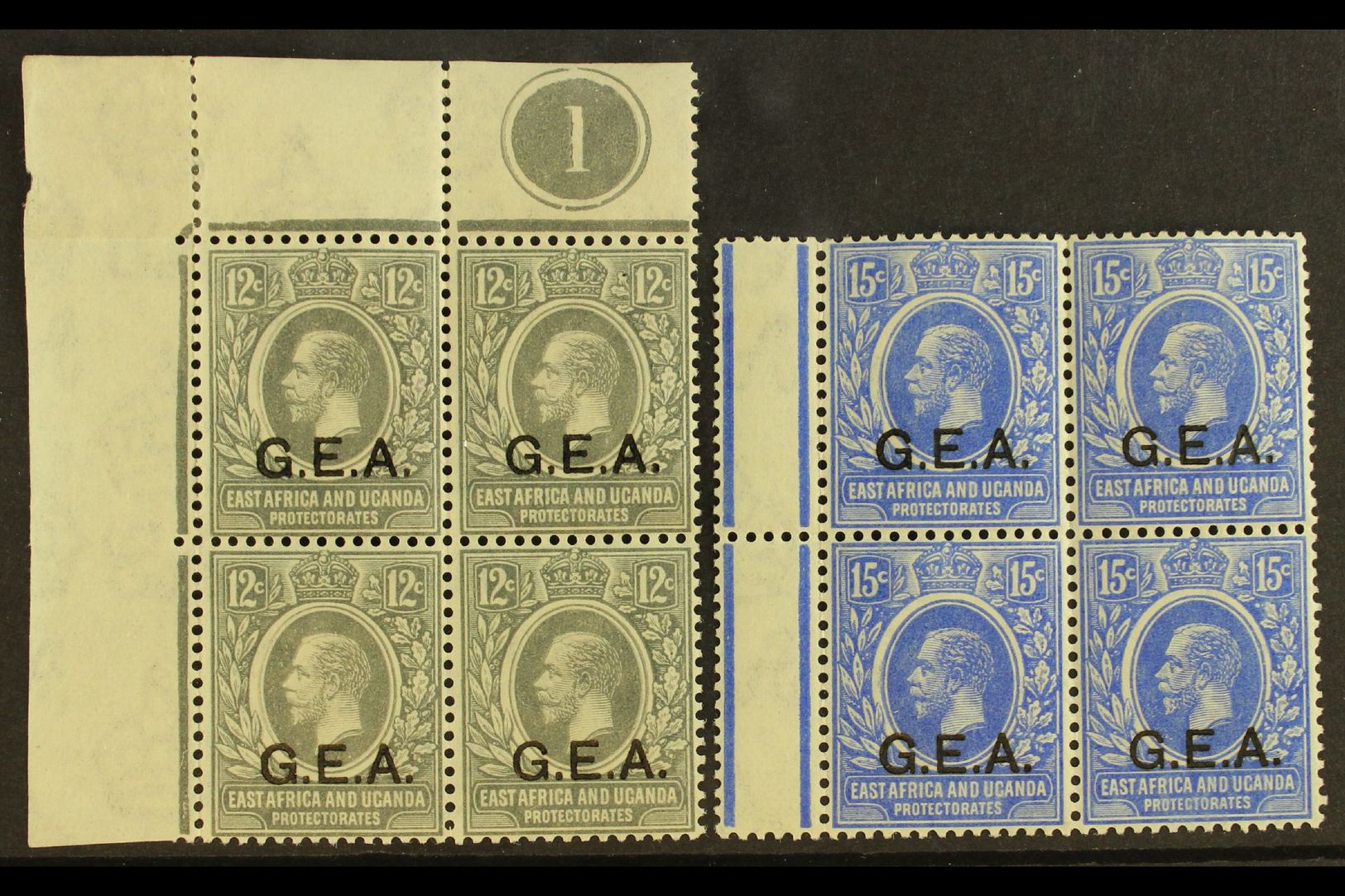 1921 12c Grey "G.E.A." Opt, SG 63, Upper Left Corner PLATE '1' BLOCK Of 4 Fine Mint (all Stamps NHM) And 15c Bright Blue - Tanganyika (...-1932)
