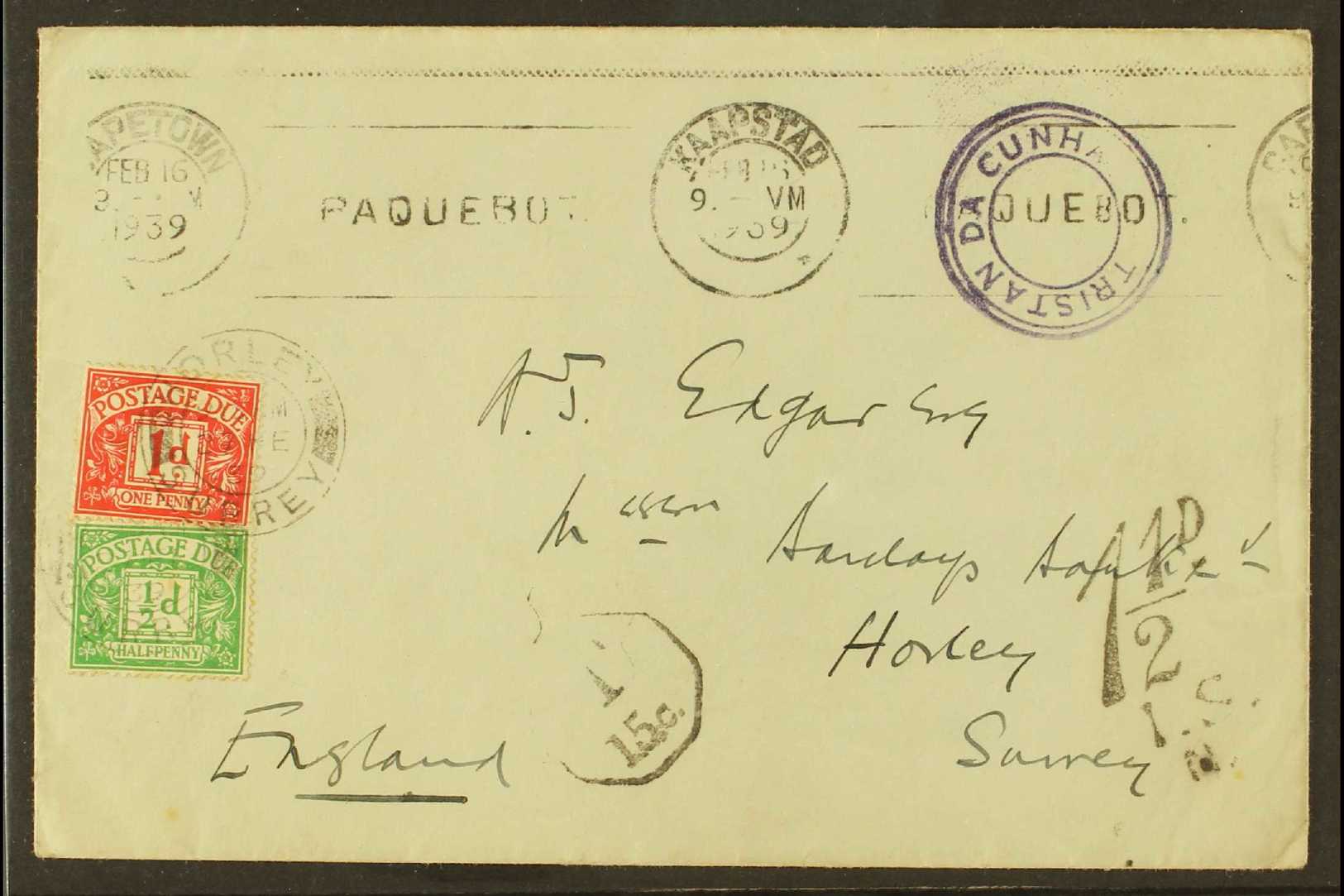 1939 (Feb 16th) P & O Printed Stampless Cover To Surrey, UK Bearing Type VI Tristan Da Cunha Violet Cachet, Kaapstad & C - Tristan Da Cunha