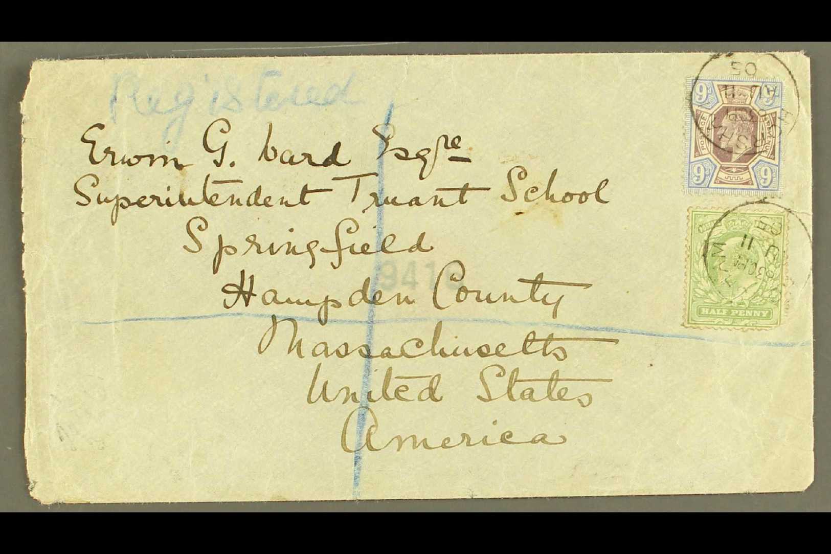 1905 (Aug) Envelope Registered To USA, Bearing ½d And 9d SG 250, Tied By Crisp Horsham Cds's, Transit And Arrival Marks  - Ohne Zuordnung