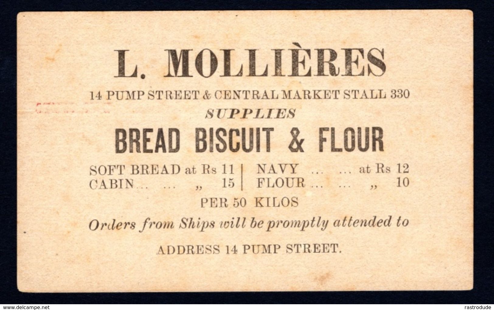 Mauritius 1871 Private Postal Stationery Card - 8 Cents Overprint Red 2 Cents Bread Flour Biscuit Pain Harine Bisquits - Food