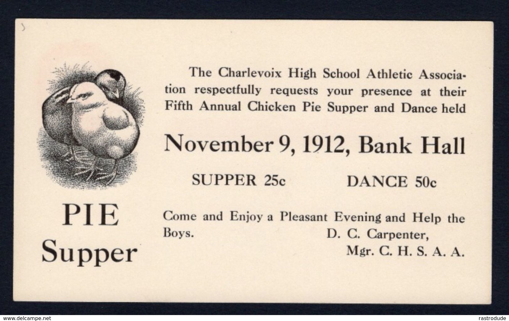 U.S 1912 - 1 C Private Postal Stationery - Chicken Pie, Chicks, Poultry, Dance, Supper, Athletics - Food