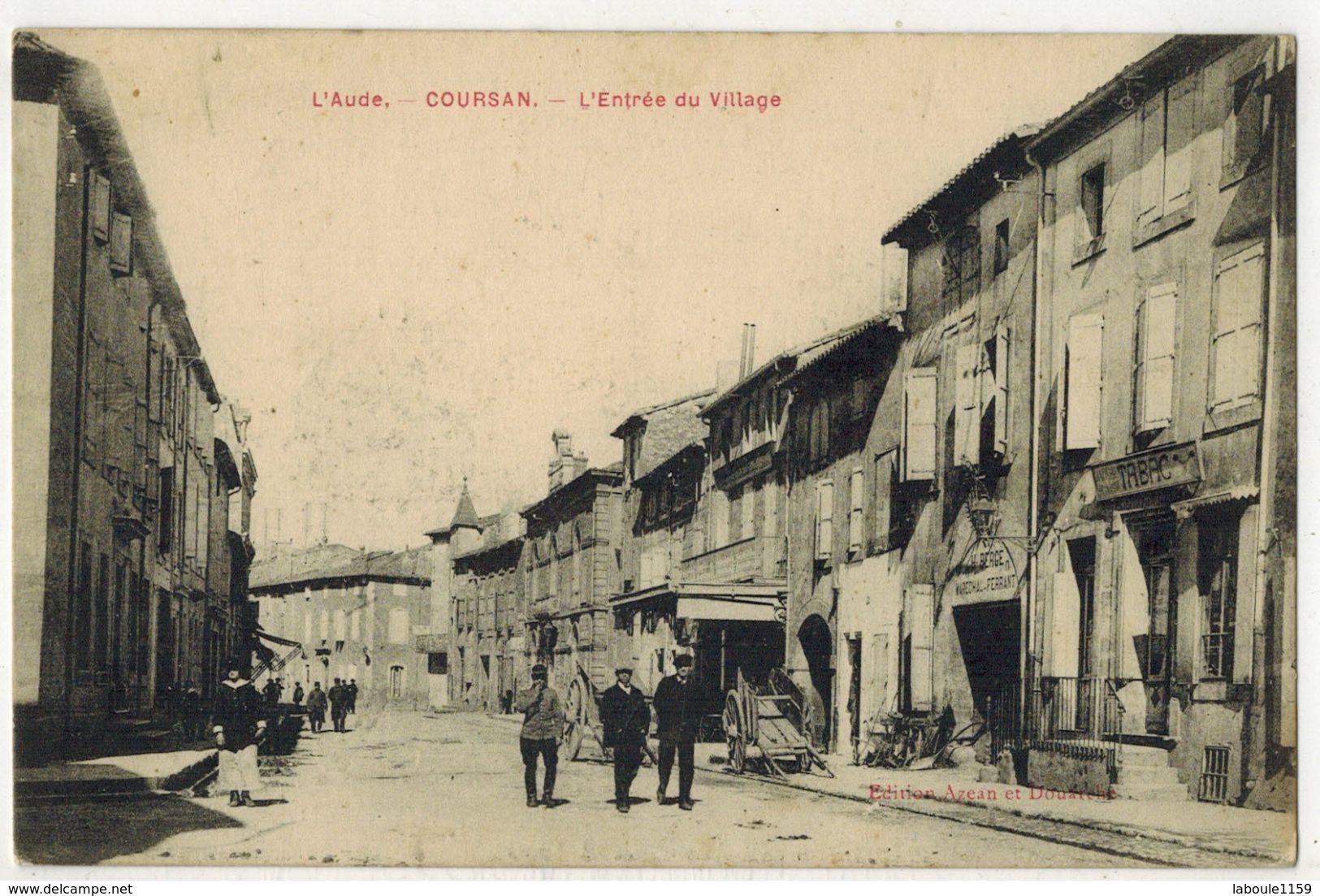 AUDE COURSAN Rare Petit Tirage Ed Azean Et Douatche L'Entrée Du Village Coursan 1915 Devanture Tabac Maréchal Ferrant - Autres & Non Classés