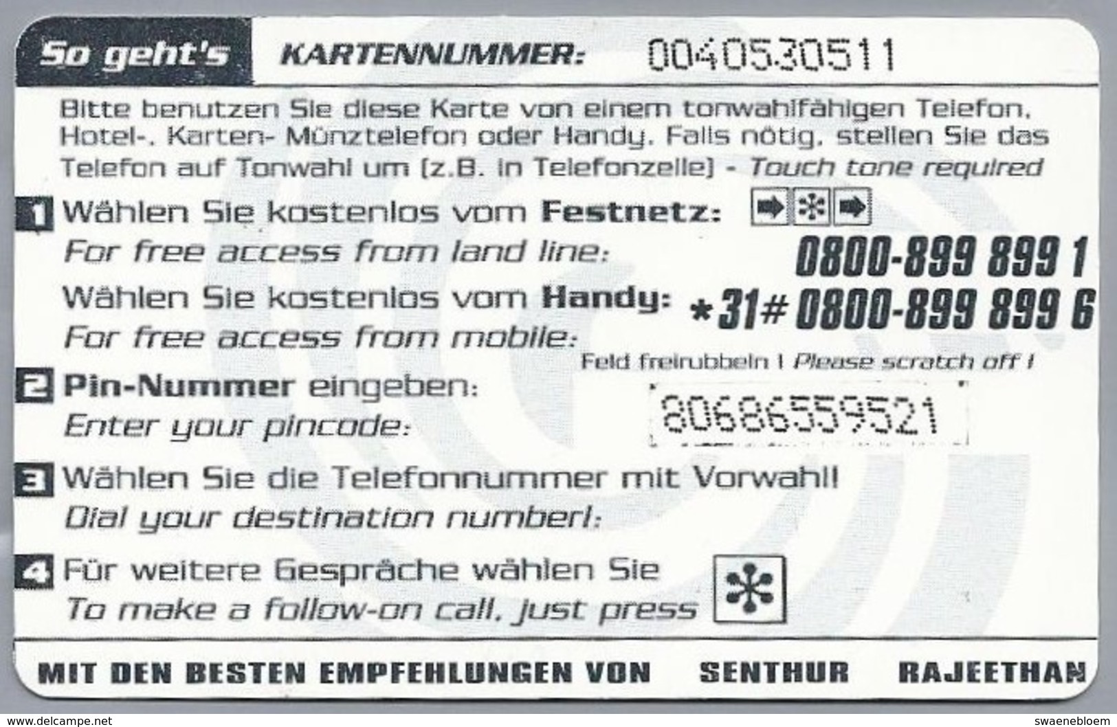 DE.- INTERNATIONAL PHONECARD - One Touch Telecard. 5 Euro -  2 Scans. - GSM, Voorafbetaald & Herlaadbare Kaarten