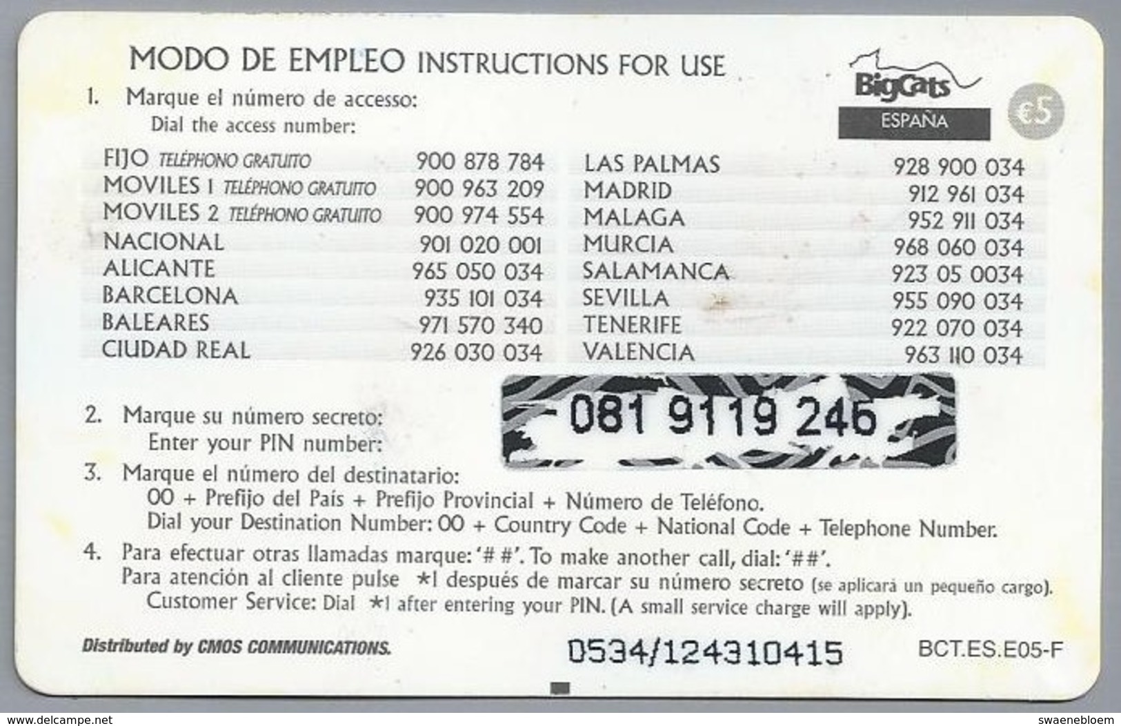 ES.- INTERNATIONAL PHONECARD - BigCats. Espana.  5 Euro -  2 Scans. - Andere & Zonder Classificatie