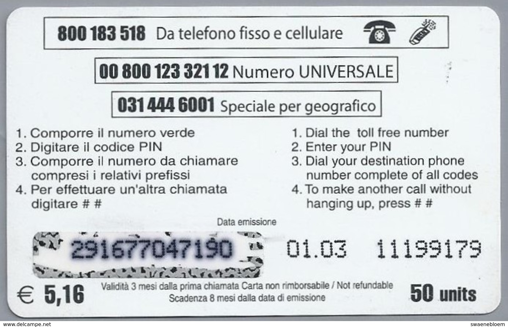 IT.- INTERNATIONAL PHONECARD. LION CARD 50 UNITS..- 2 Scans. - GSM-Kaarten, Aanvulling & Voorafbetaald
