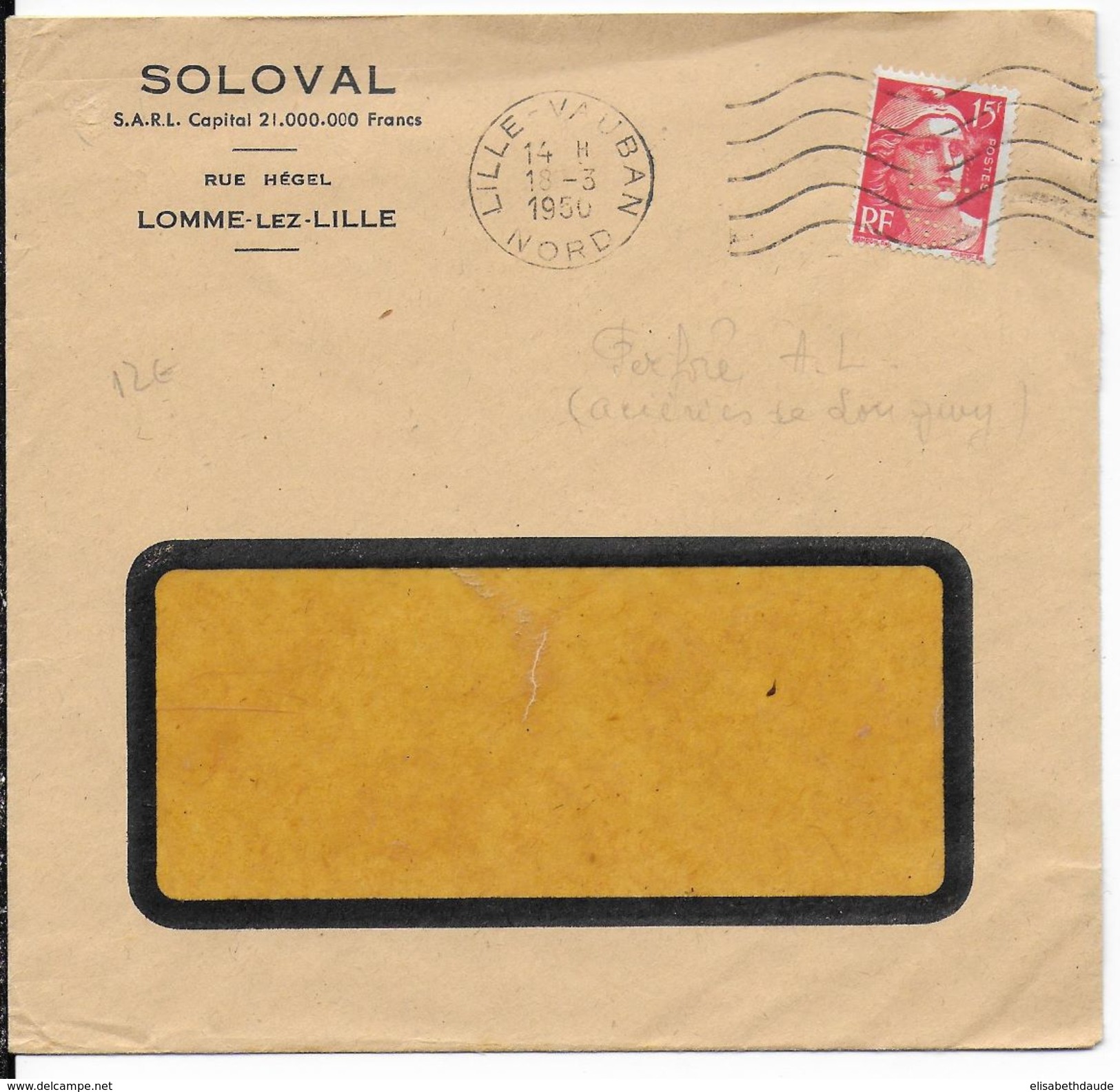 1950 - GANDON PERFORE (PERFIN) "AL" Sur ENVELOPPE COMMERCIALE De LILLE (NORD) - Altri & Non Classificati