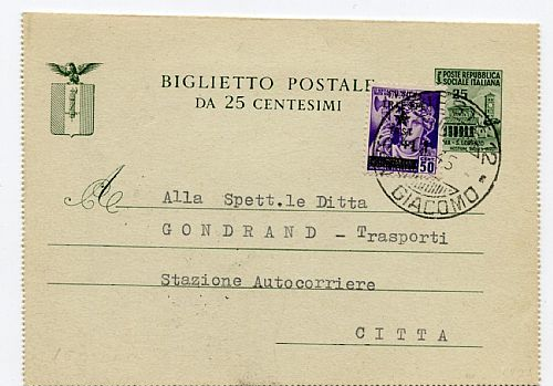 + Biglietto Postale 25 C. Mon. Distrutti Usato Come Supporto Da Trieste 14.6.45 Per Città Con 1 L./50 C. Occ. Jugoslavia - Other & Unclassified