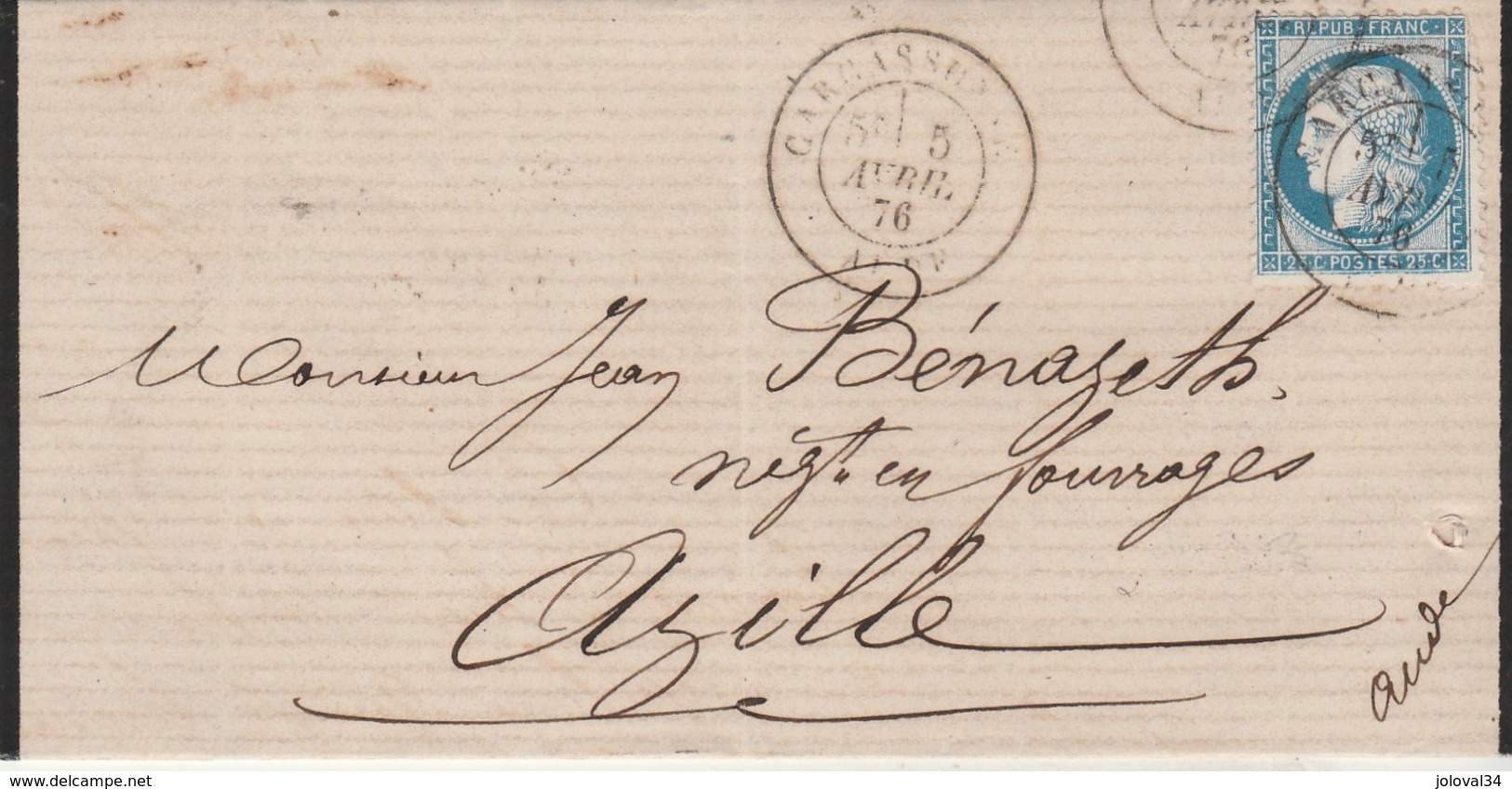 Yvert 60C Cérès Lettre Oblitération Cachet à Date CARCASSONNE Aude 5/4/1876 Pour Azille - 1849-1876: Classic Period