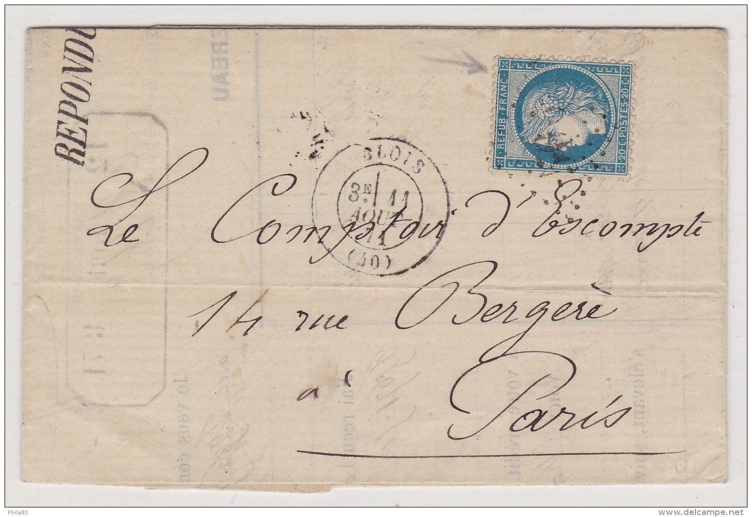 Ceres N°37 Sur Lettre De Blois Pour Paris Du 11 Aout 71 (variété Cadre) - 1849-1876: Klassieke Periode