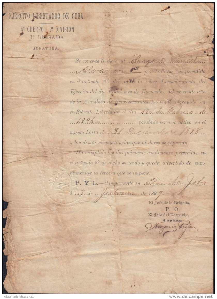 BE641 CUBA SPAIN ESPAÑA INDEPENDENCE WAR 1899 LICENCE DOCS  MAMBI ARMY - Other & Unclassified