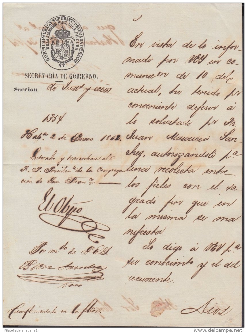 BE645 CUBA SPAIN ESPAÑA 1861 AUTOGRAPH CAPTAIN GENERAL FRANCISCO SERRANO DOC - Other & Unclassified