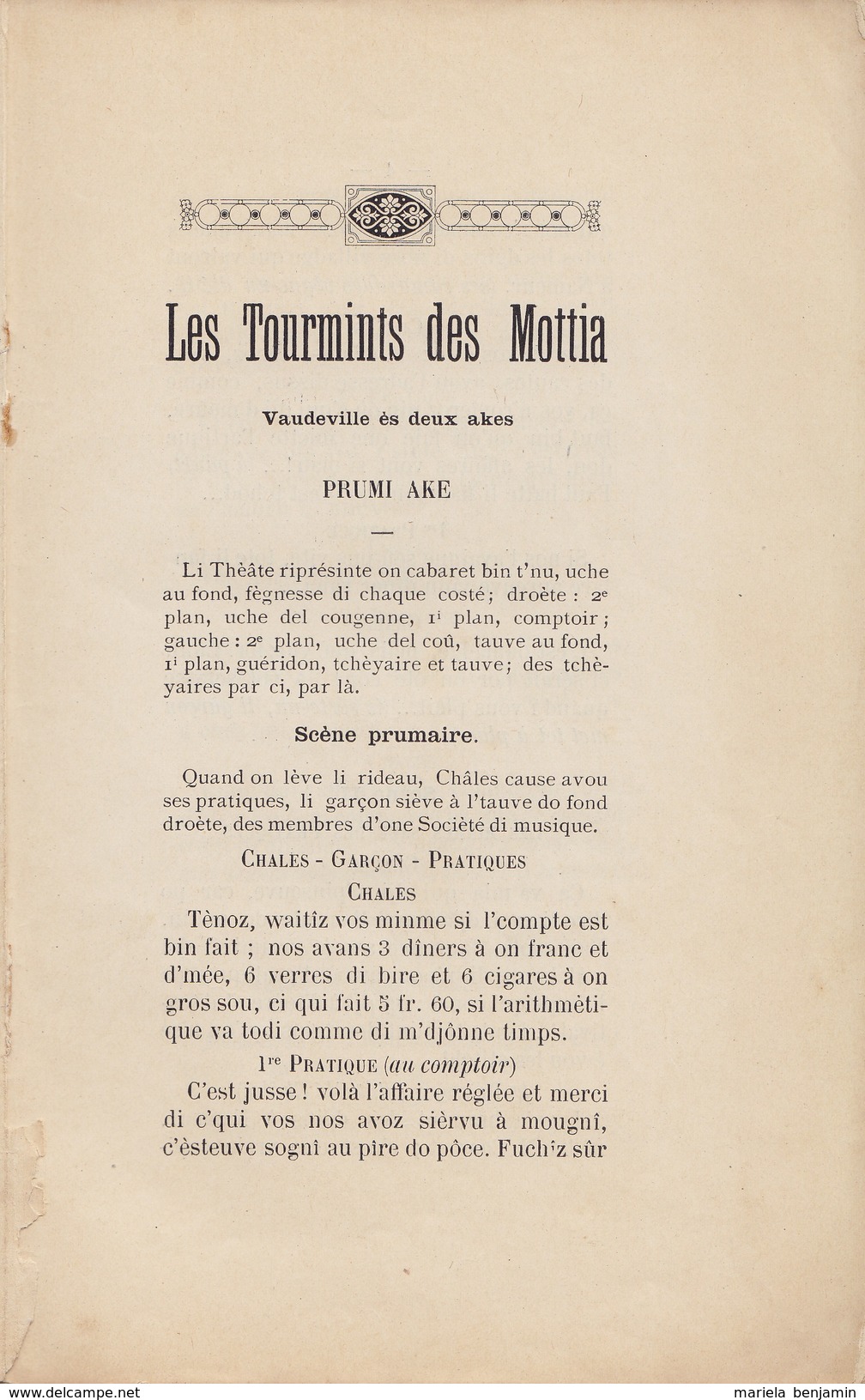Les Tourmints Des Mottia, Vaudeville ès Deux Akes (théatre Wallon) - Léon Pirsoul - Gembloux 1900, 54 Pages - Belgique