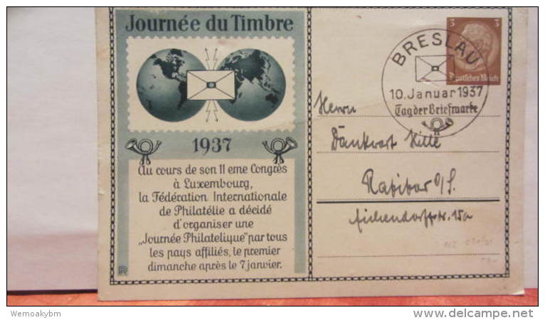 DR 33-45: Sonder-Gs-Karte Mit 3 Pf Hbg Tag Der Briefmarke 1937 SoSt. PRESLAU Vom 10.1.37 -Karte Mit Bug -Knr: PP 122 C31 - Briefe U. Dokumente