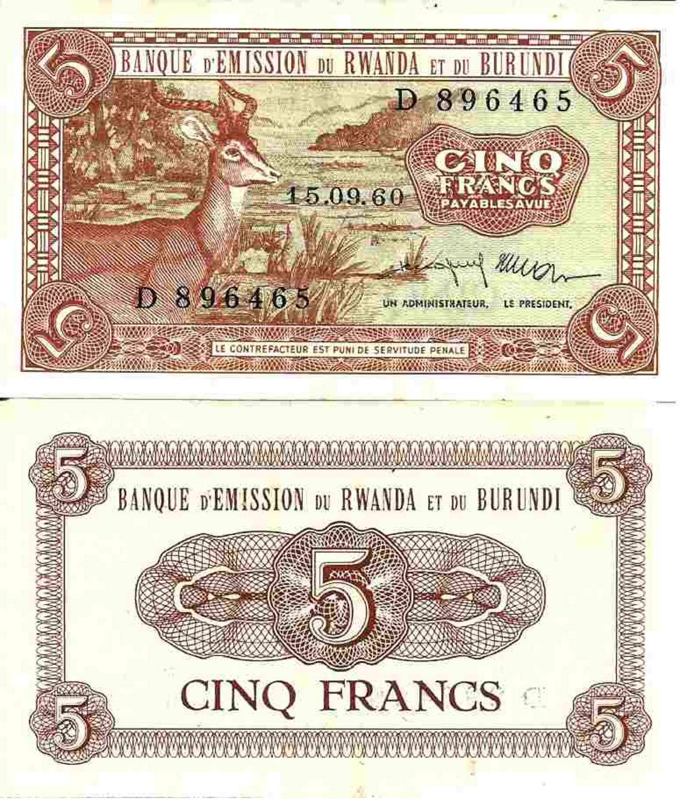 RWANDA BURUNDI - 5 FRANCS 1960 - Pick 1a SUP (XF) - Rwanda