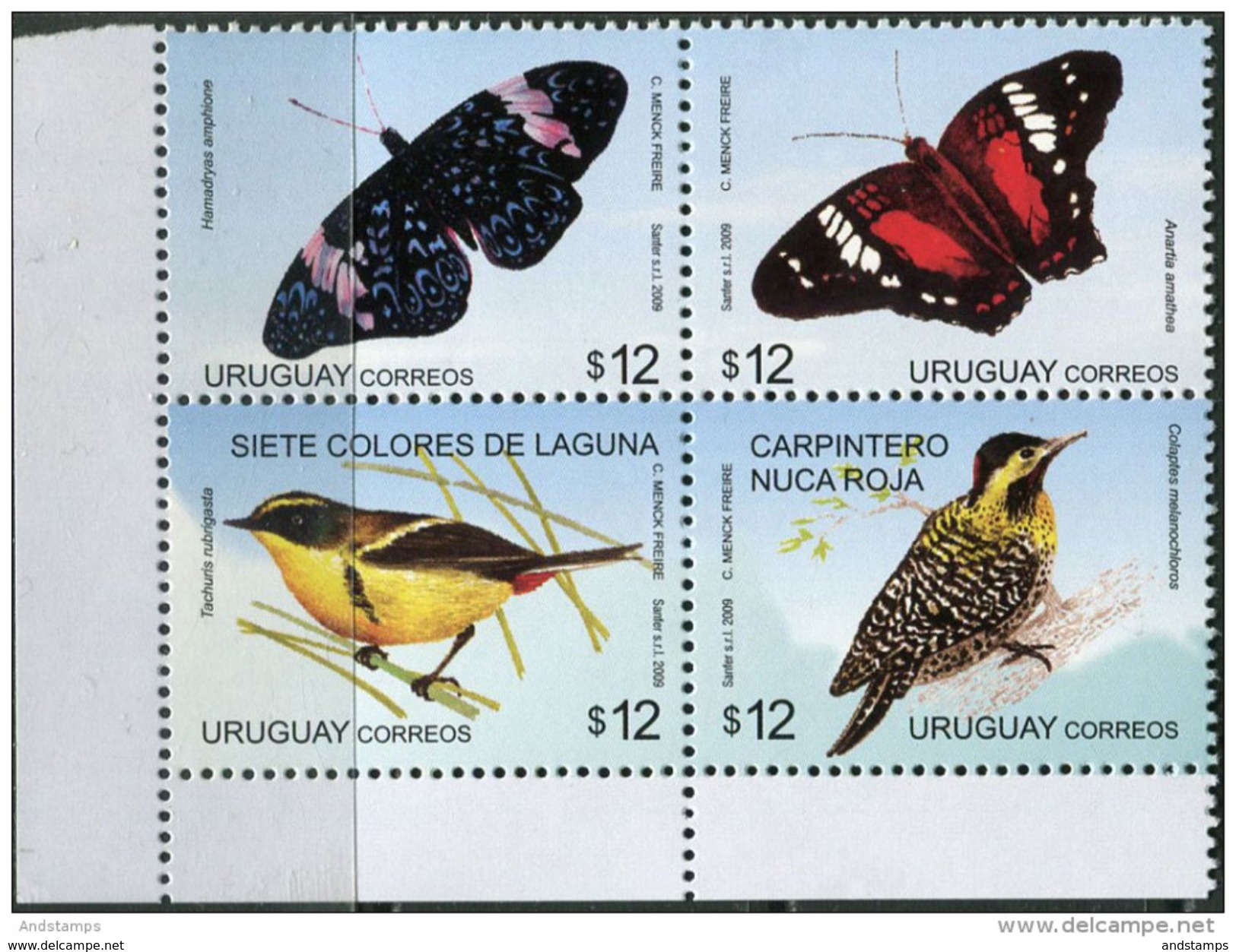 Uruguay 2009. Michel #3071/74 MNH/Luxe. Butterflies. Birds. (B25) - Uruguay