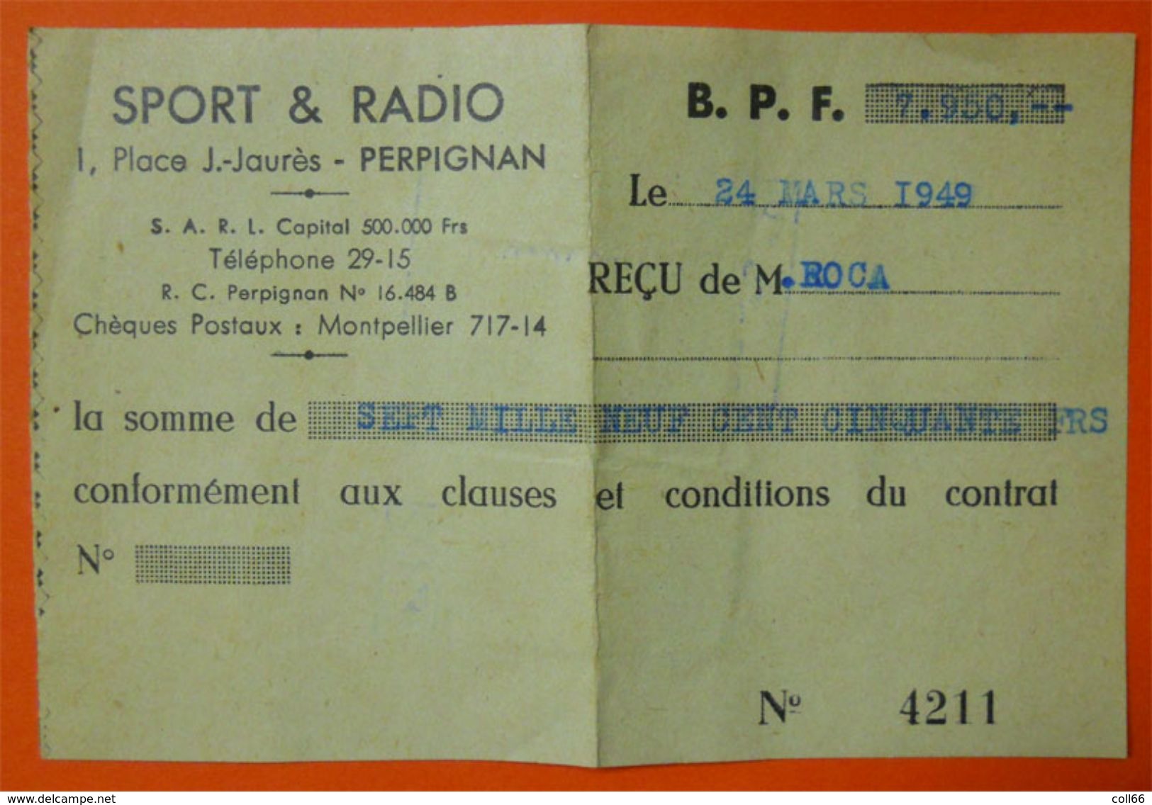 1949 Reçu Sport Radio à Perpignan 3 Timbres Fiscaux Tricolores 12.5x8cms Franco Port Europe Prioritaire Simple.. - Autres & Non Classés