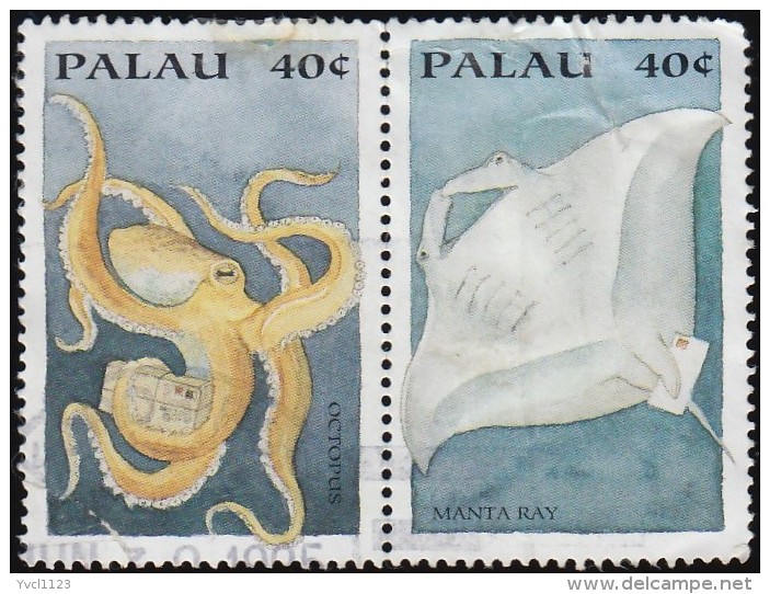 PALAU - Scott #335g-335h Octopus And Manta Ray / Used Stamp - Palau