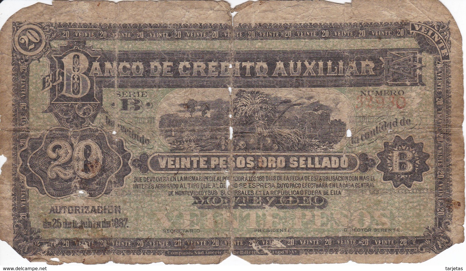 BILLETE DE URUGUAY DE 20 PESOS DEL AÑO 1887  (BANK NOTE) BANCO DE CREDITO AUXILIAR - Uruguay