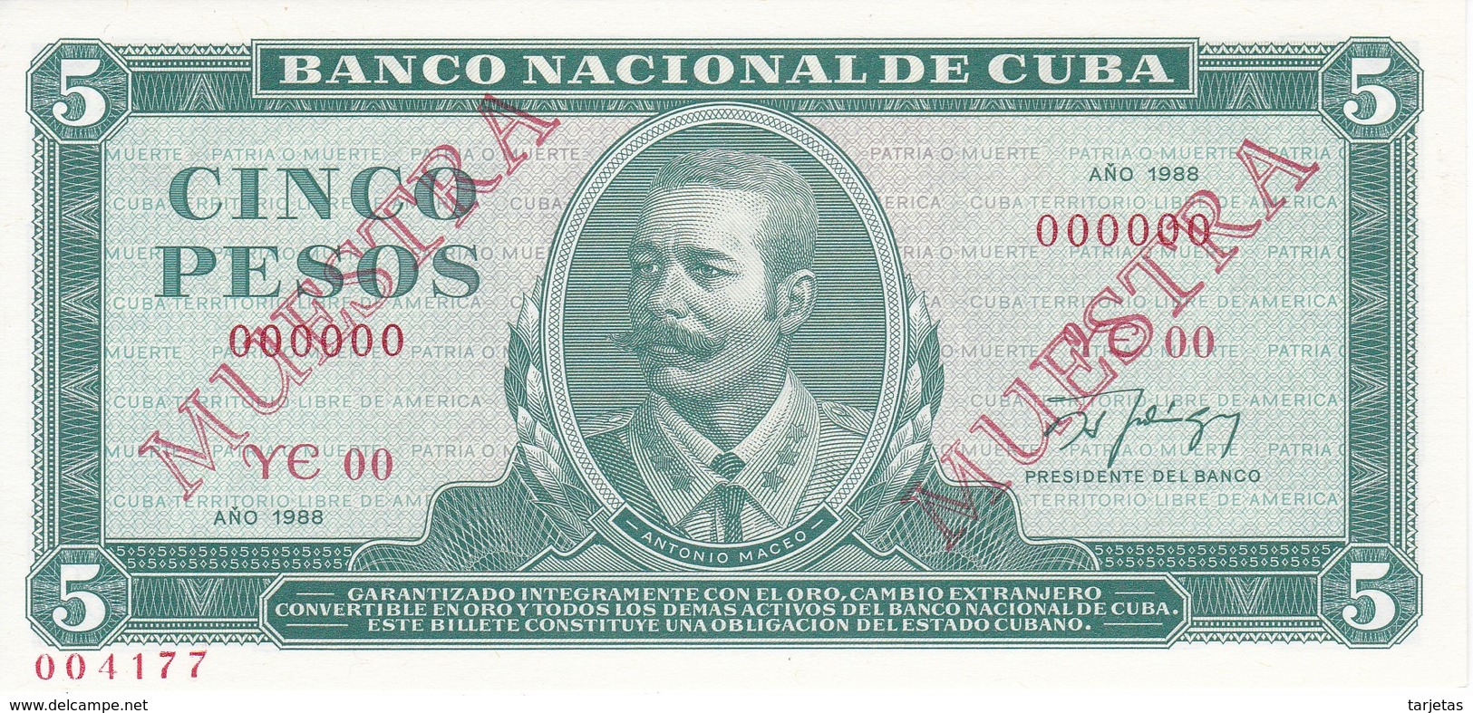 MUESTRA BILLETE DE CUBA DE 5 PESOS DEL AÑO 1988 DE ANTONIO MACEO (SPECIMEN) (BANKNOTE) SIN CIRCULAR-UNCIRCULATED - Cuba