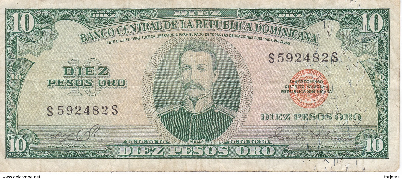 BILLETE DE REP. DOMINICANA DE 10 PESOS ORO DE LOS AÑOS 70  (BANKNOTE) - República Dominicana