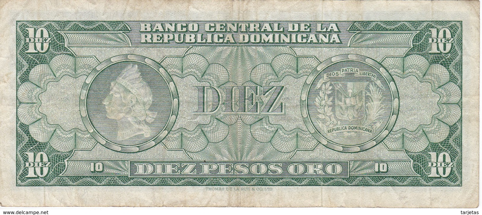 BILLETE DE REP. DOMINICANA DE 10 PESOS ORO DE LOS AÑOS 70  (BANKNOTE) - República Dominicana